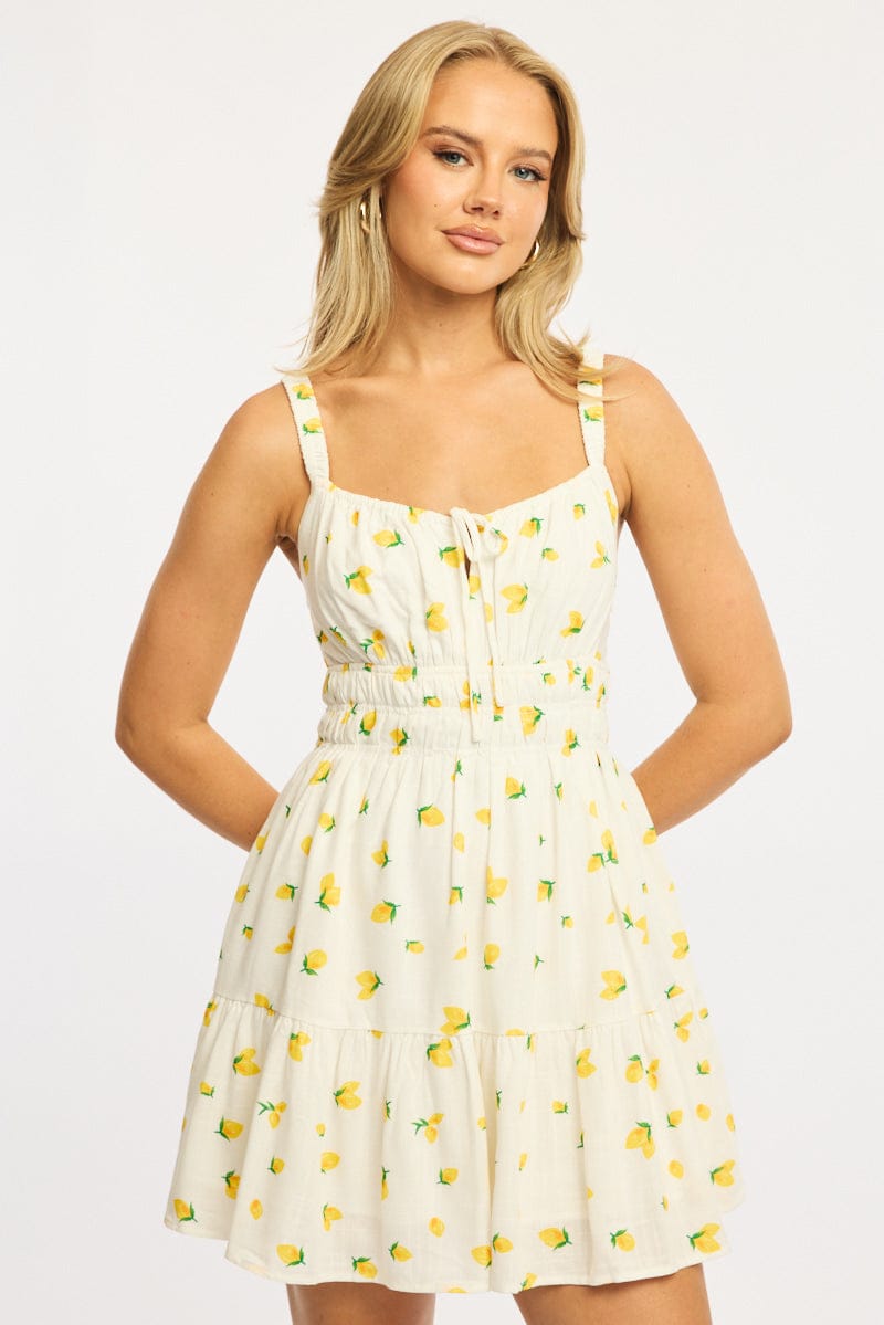 Yellow Ditsy Fit And Flare Dress Mini for Ally Fashion