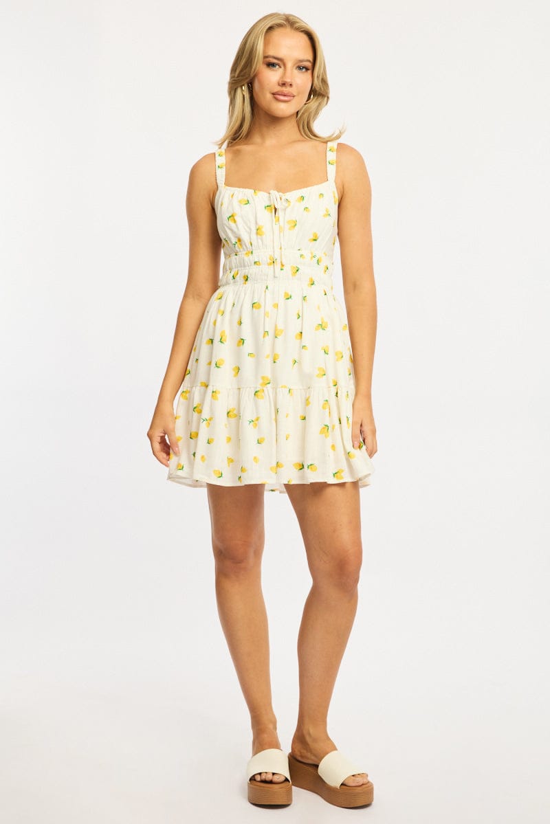 Yellow Ditsy Fit And Flare Dress Mini for Ally Fashion