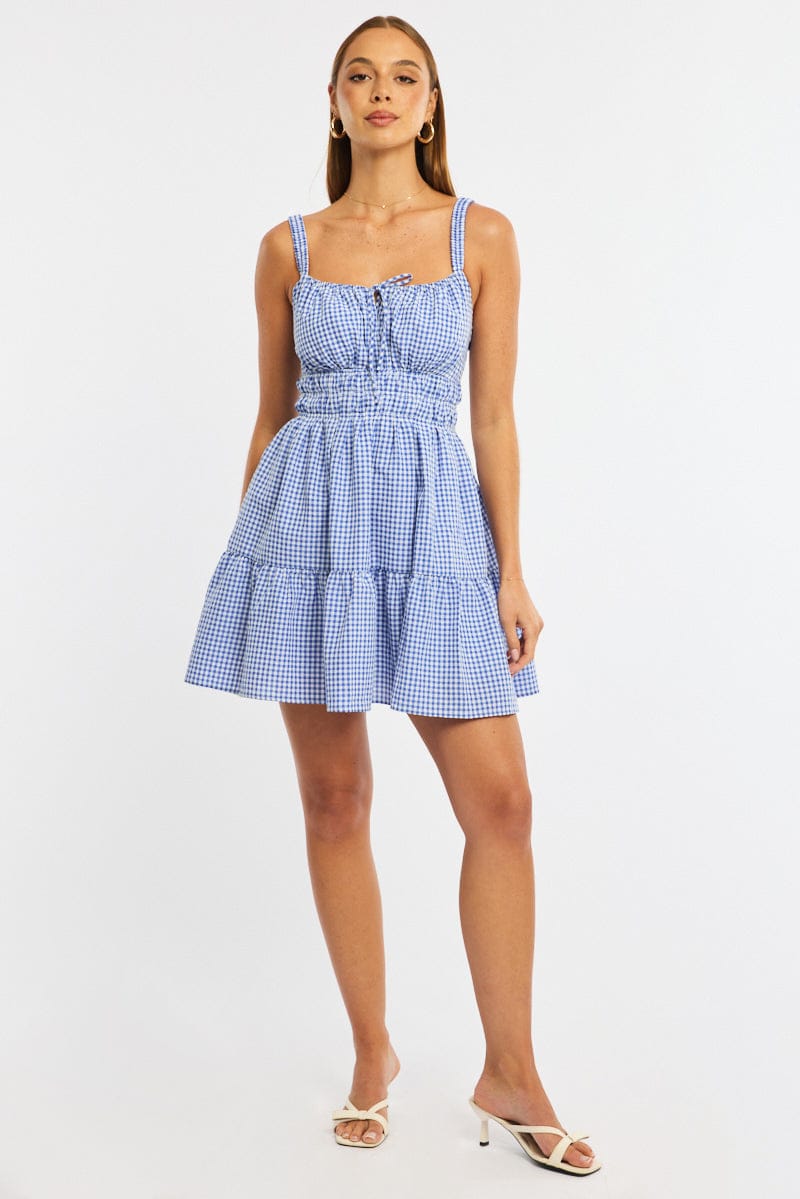 Blue Check Fit And Flare Dress Mini | Ally Fashion Blue Check Fit And Flare Dress Mini | Ally Fashion