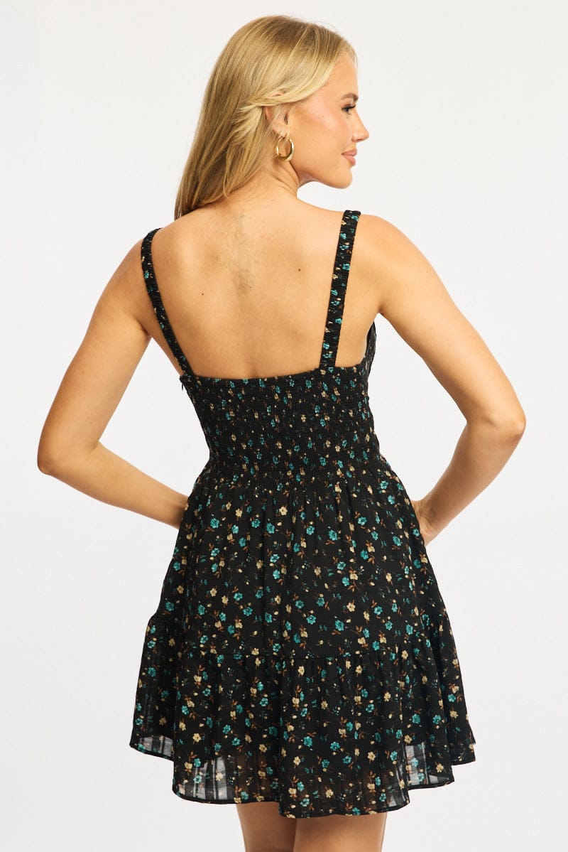 Black Ditsy Fit And Flare Dress Mini for Ally Fashion