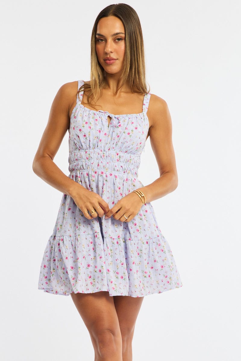 Purple Ditsy Fit And Flare Dress Mini for Ally Fashion