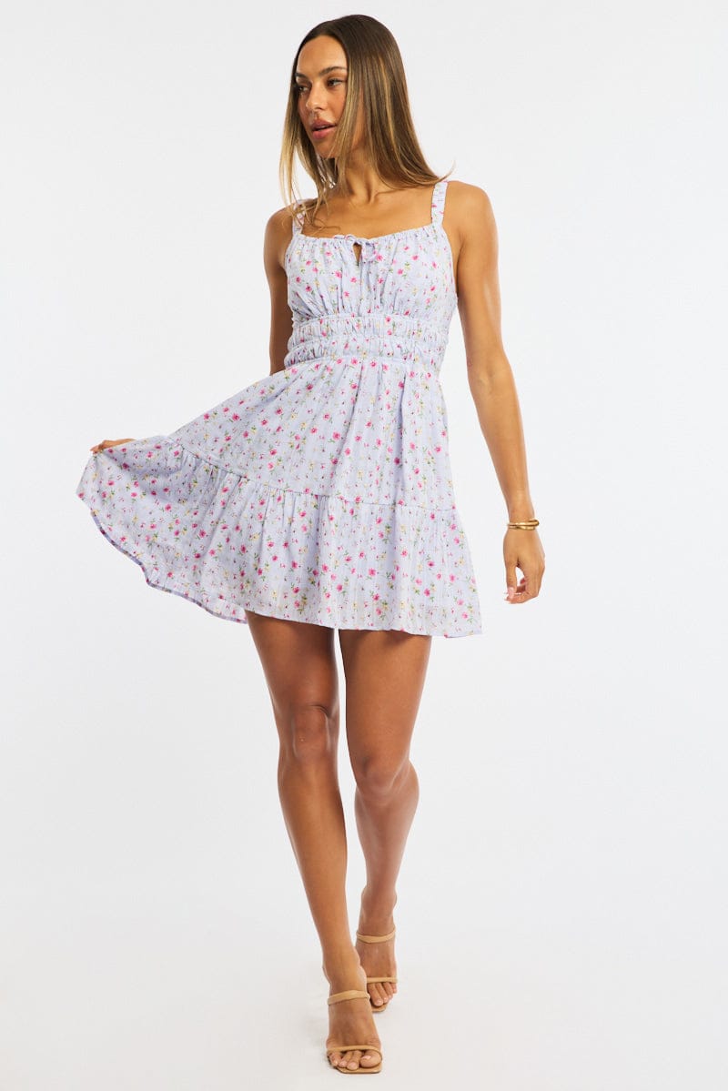 Purple Ditsy Fit And Flare Dress Mini for Ally Fashion