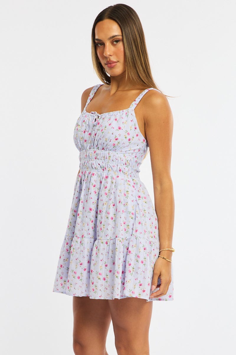 Purple Ditsy Fit And Flare Dress Mini for Ally Fashion