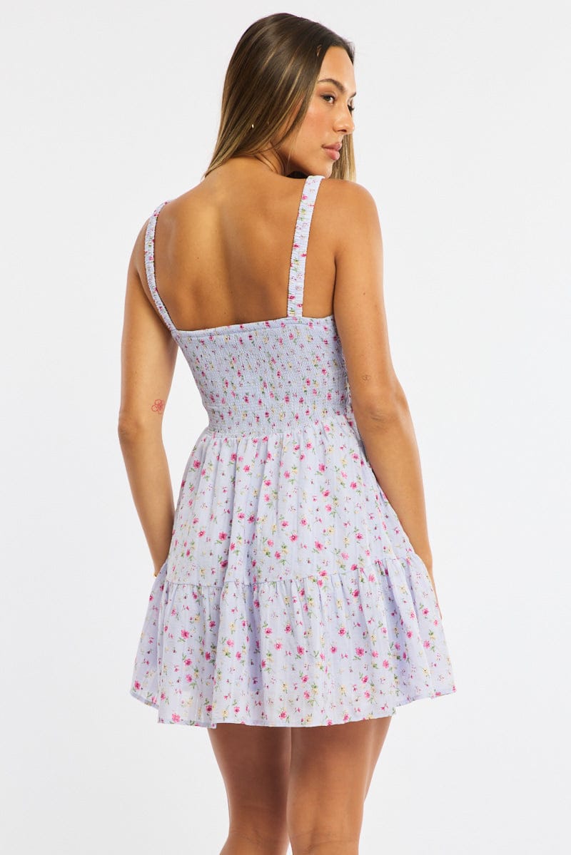 Purple Ditsy Fit And Flare Dress Mini for Ally Fashion
