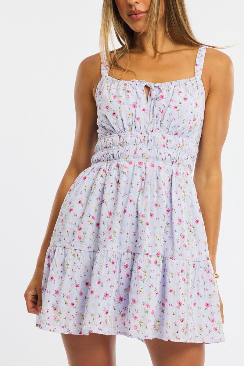 Purple Ditsy Fit And Flare Dress Mini for Ally Fashion