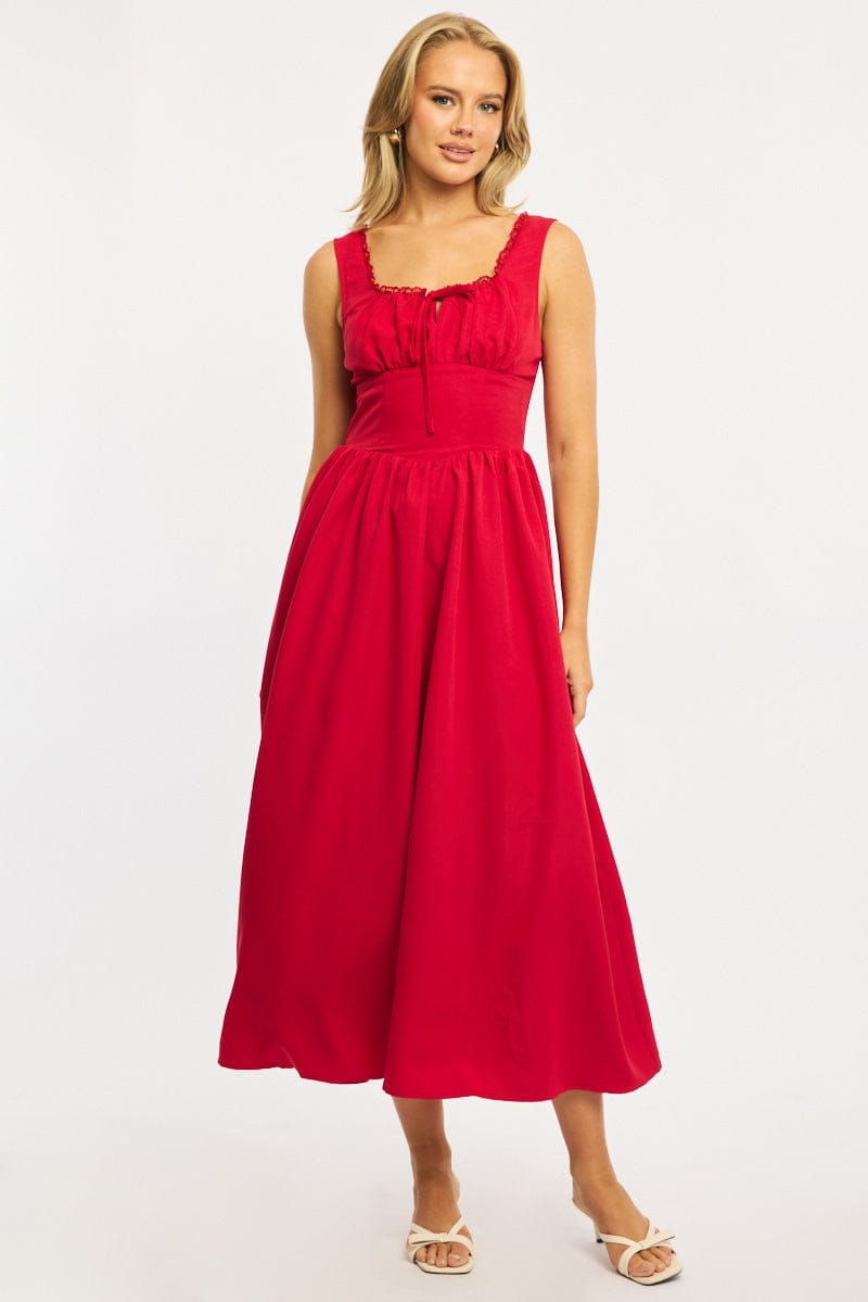 Red Midi Dress Gathering Bust from Ally Fashion