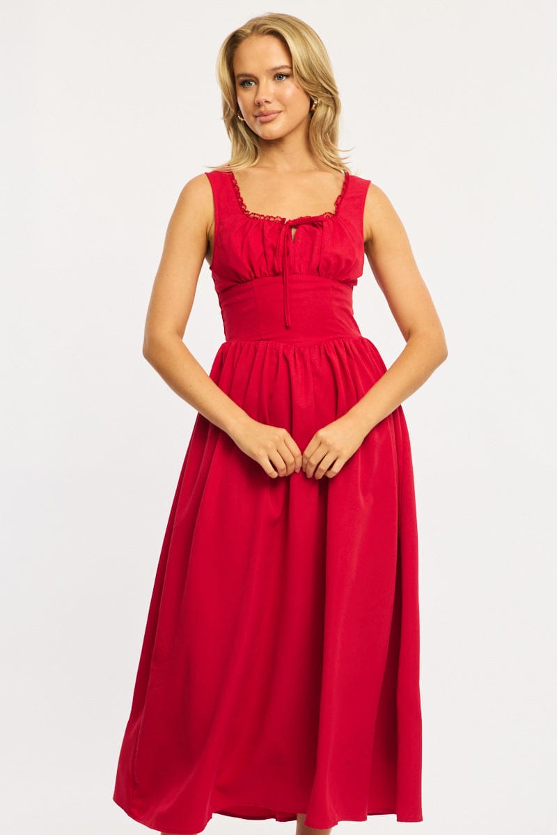 Red Midi Dress Gathering Bust for Ally Fashion