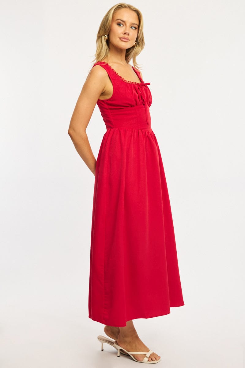 Red Midi Dress Gathering Bust for Ally Fashion