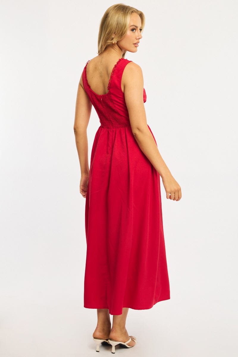 Red Midi Dress Gathering Bust for Ally Fashion