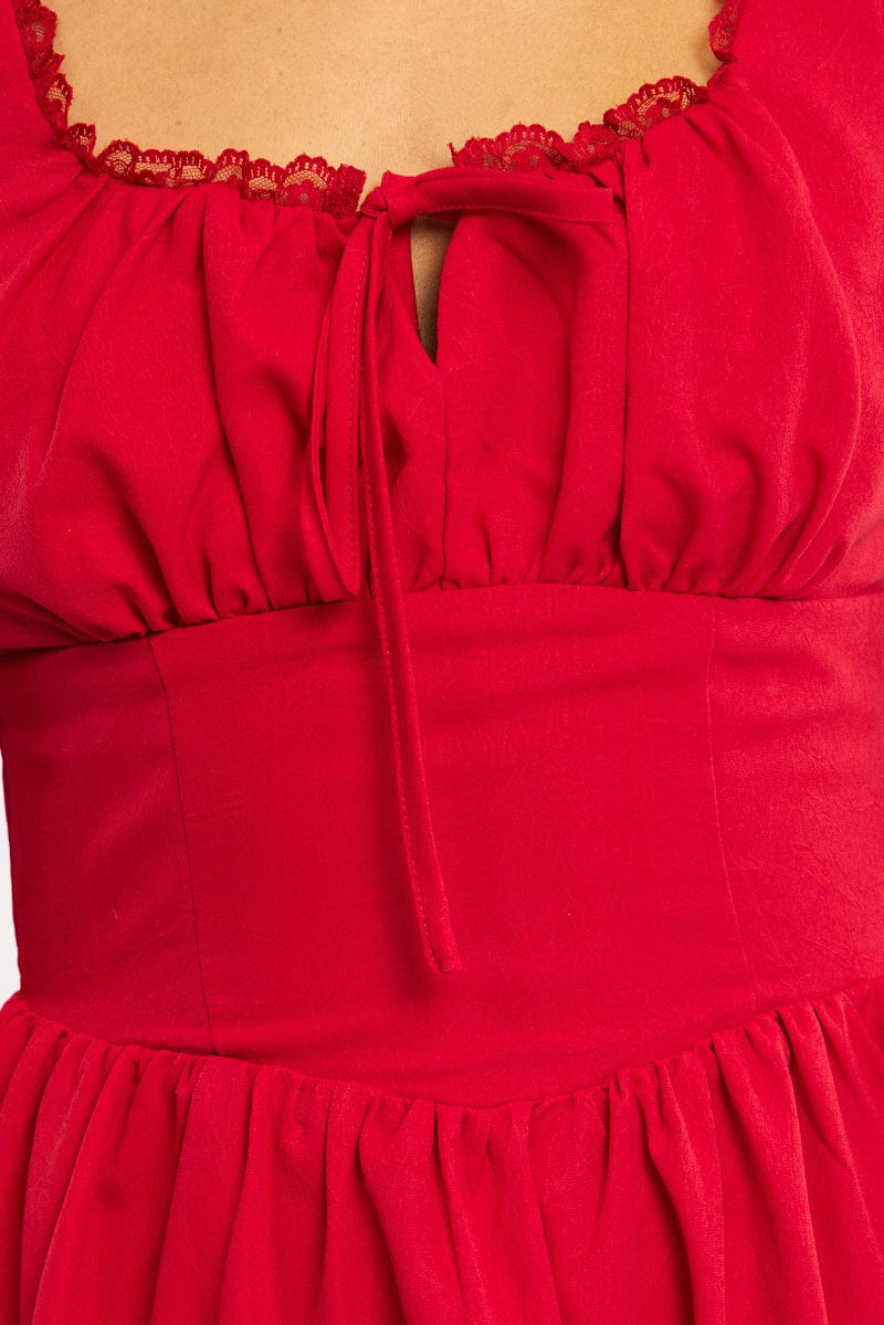 Red Midi Dress Gathering Bust for Ally Fashion