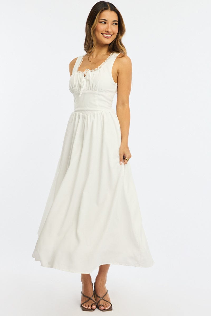 White Midi Dress Gathering Bust for Ally Fashion