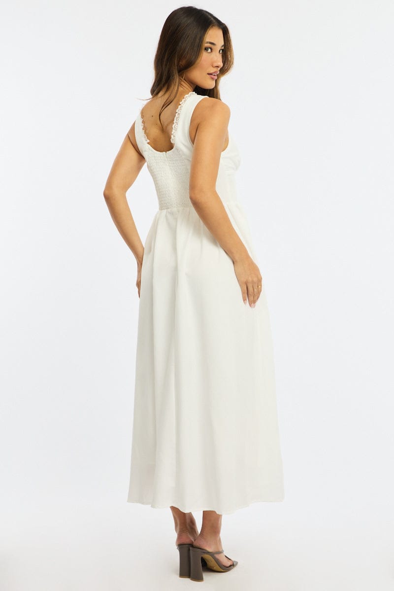 White Midi Dress Gathering Bust for Ally Fashion