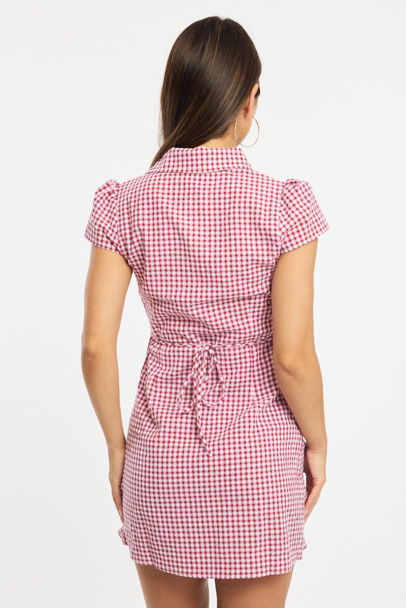 Red Check Mini Dress Collared for Ally Fashion