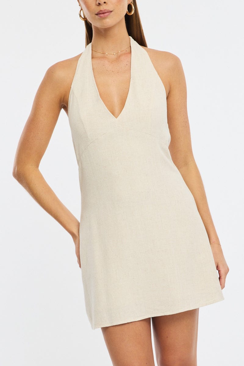 Beige Mini Dress V-neck for Ally Fashion