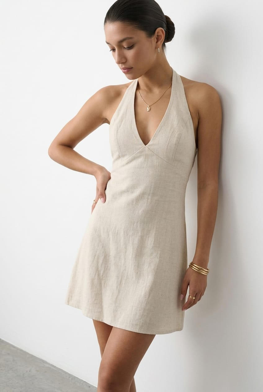 Beige Mini Dress V-neck for Ally Fashion