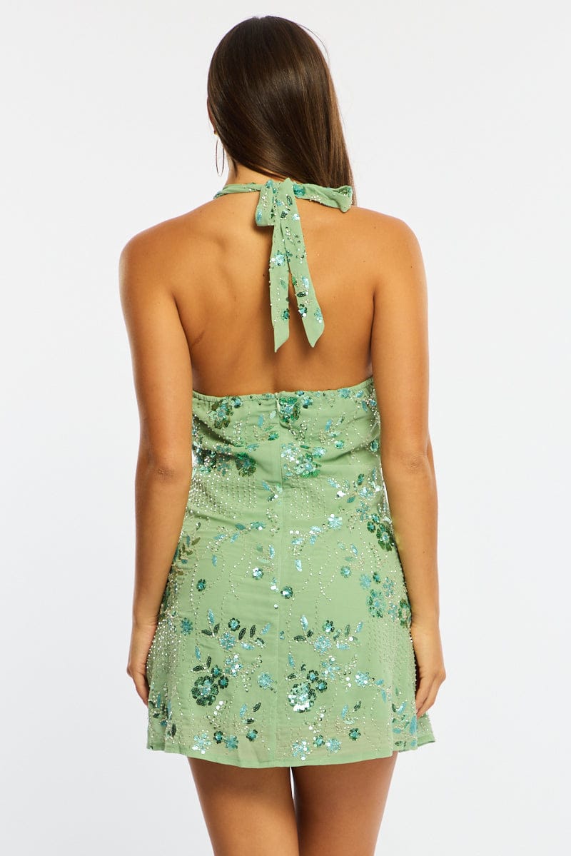 Green Mini Dress V-neck for Ally Fashion