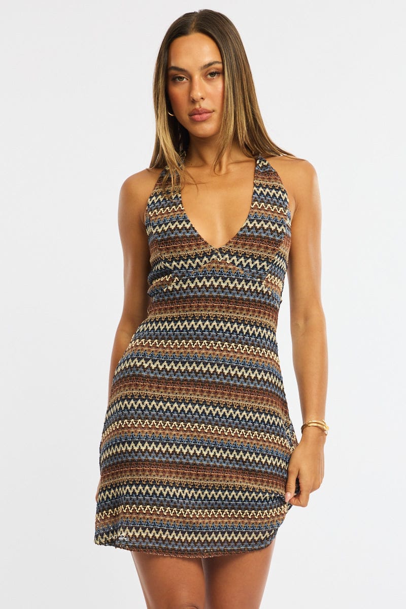 Multi Stripe Mini Dress V-neck for Ally Fashion