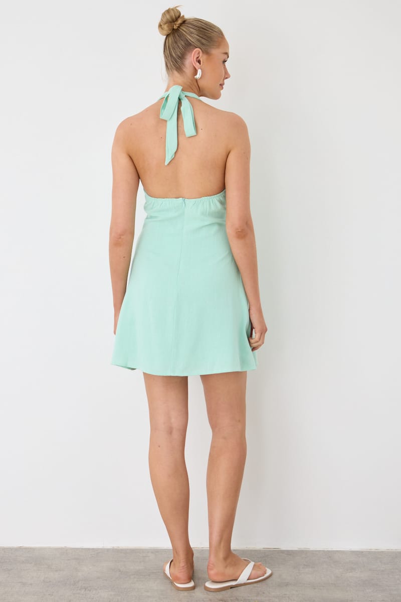 Green Halter Neck Dress Mini Linen Blend for Ally Fashion