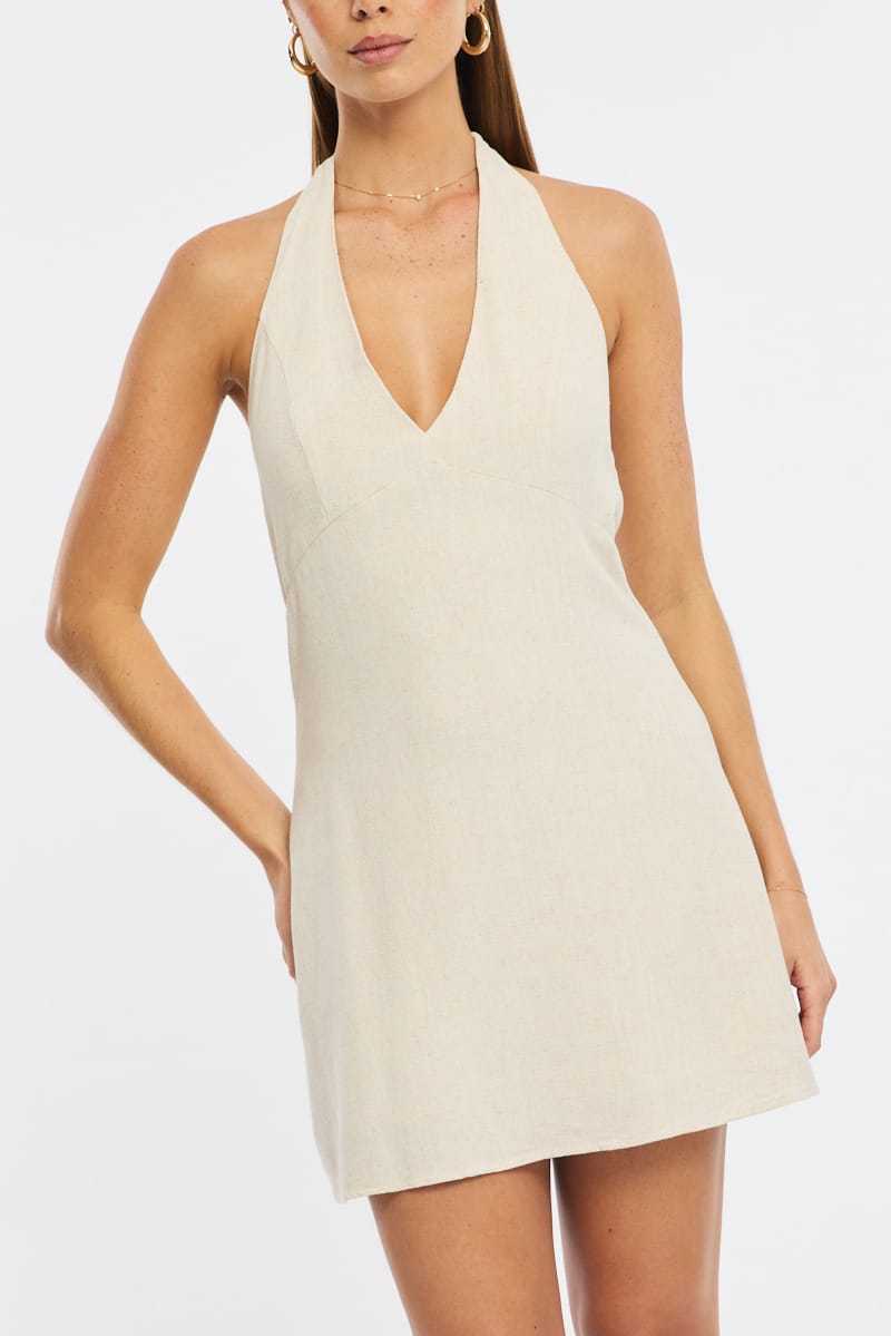 Beige Halter Neck Dress Mini Linen Blend for Ally Fashion