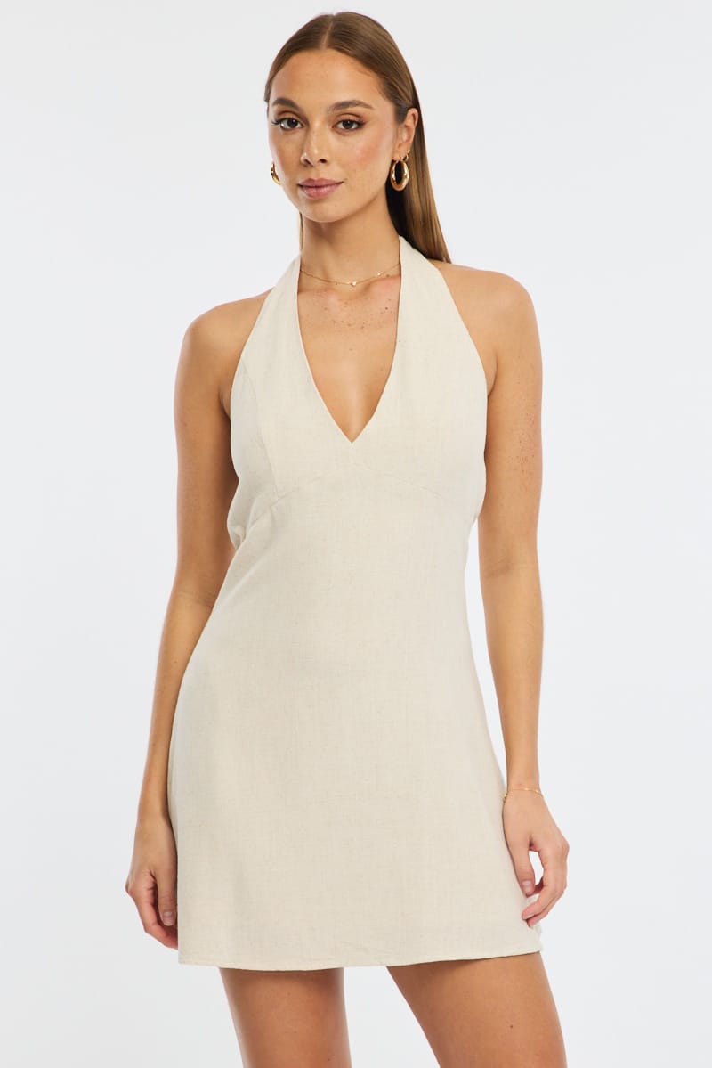Beige Halter Neck Dress Mini Linen Blend for Ally Fashion