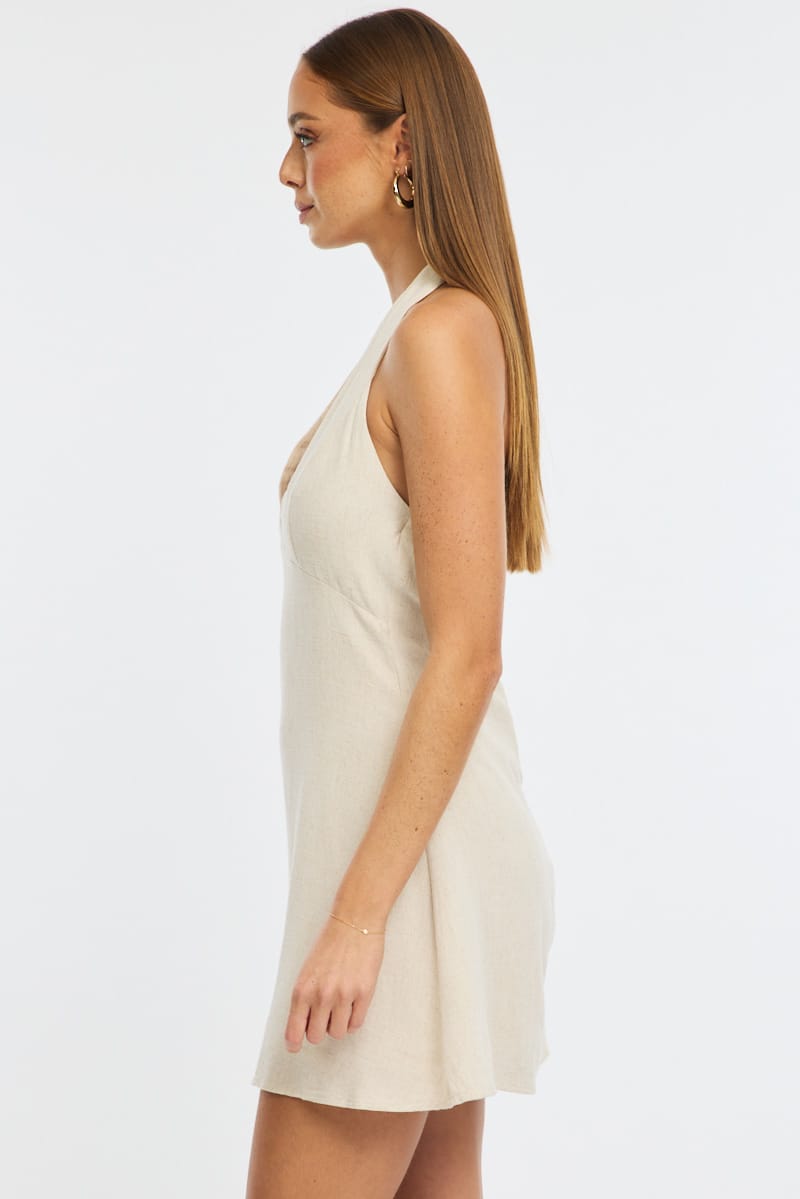 Beige Halter Neck Dress Mini Linen Blend for Ally Fashion