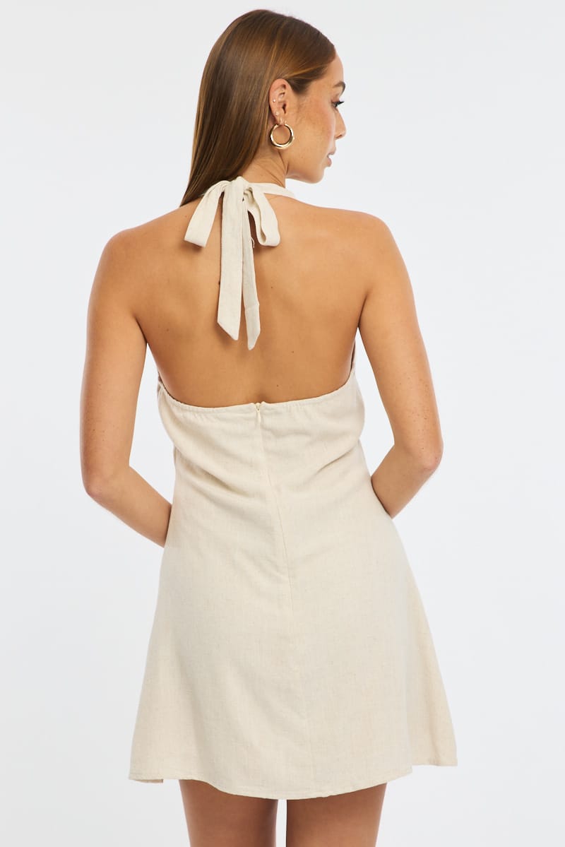 Beige Halter Neck Dress Mini Linen Blend for Ally Fashion