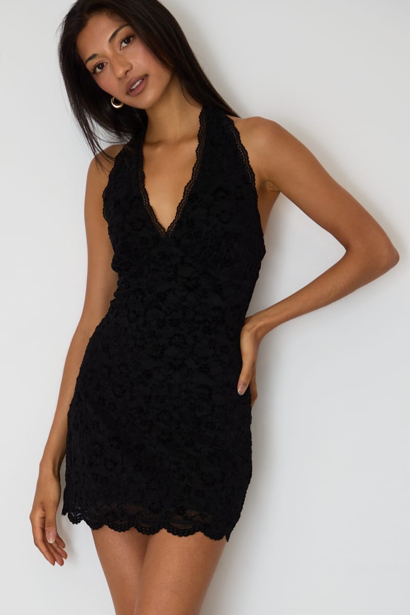 Black Halter Neck Dress Mini Lace for Ally Fashion
