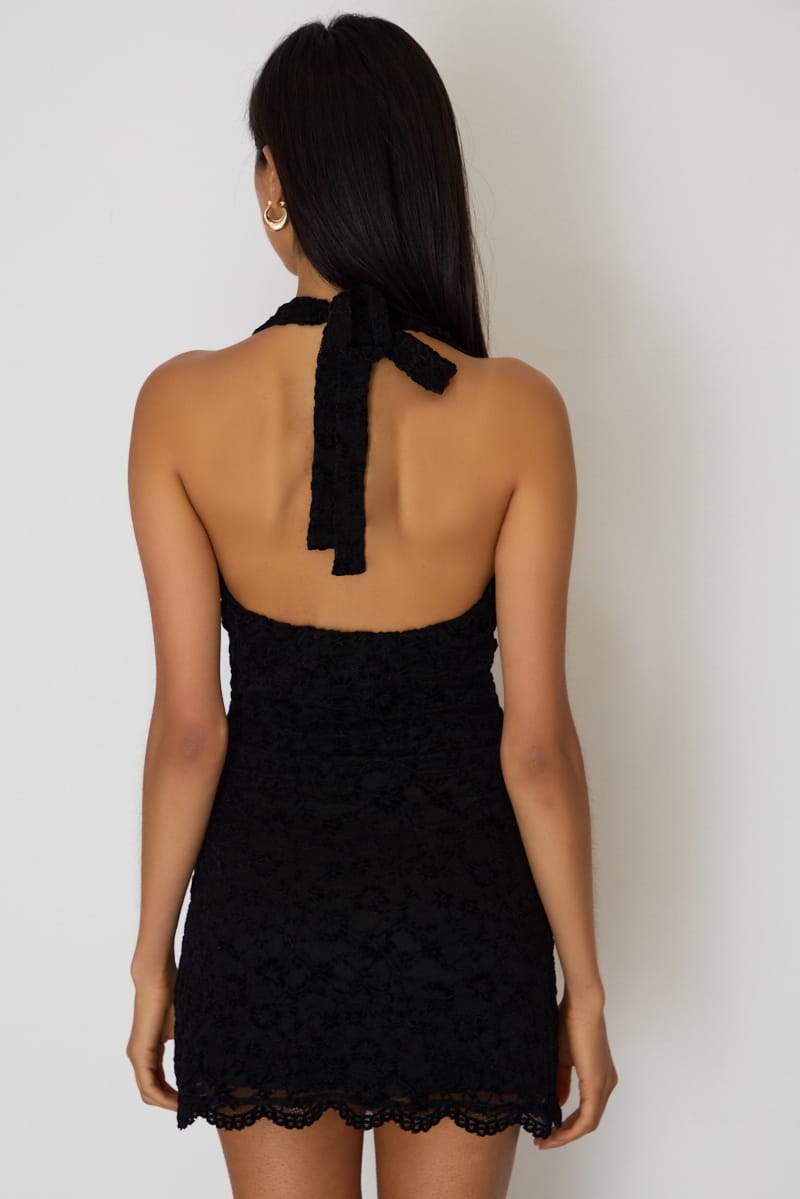 Black Halter Neck Dress Mini Lace for Ally Fashion