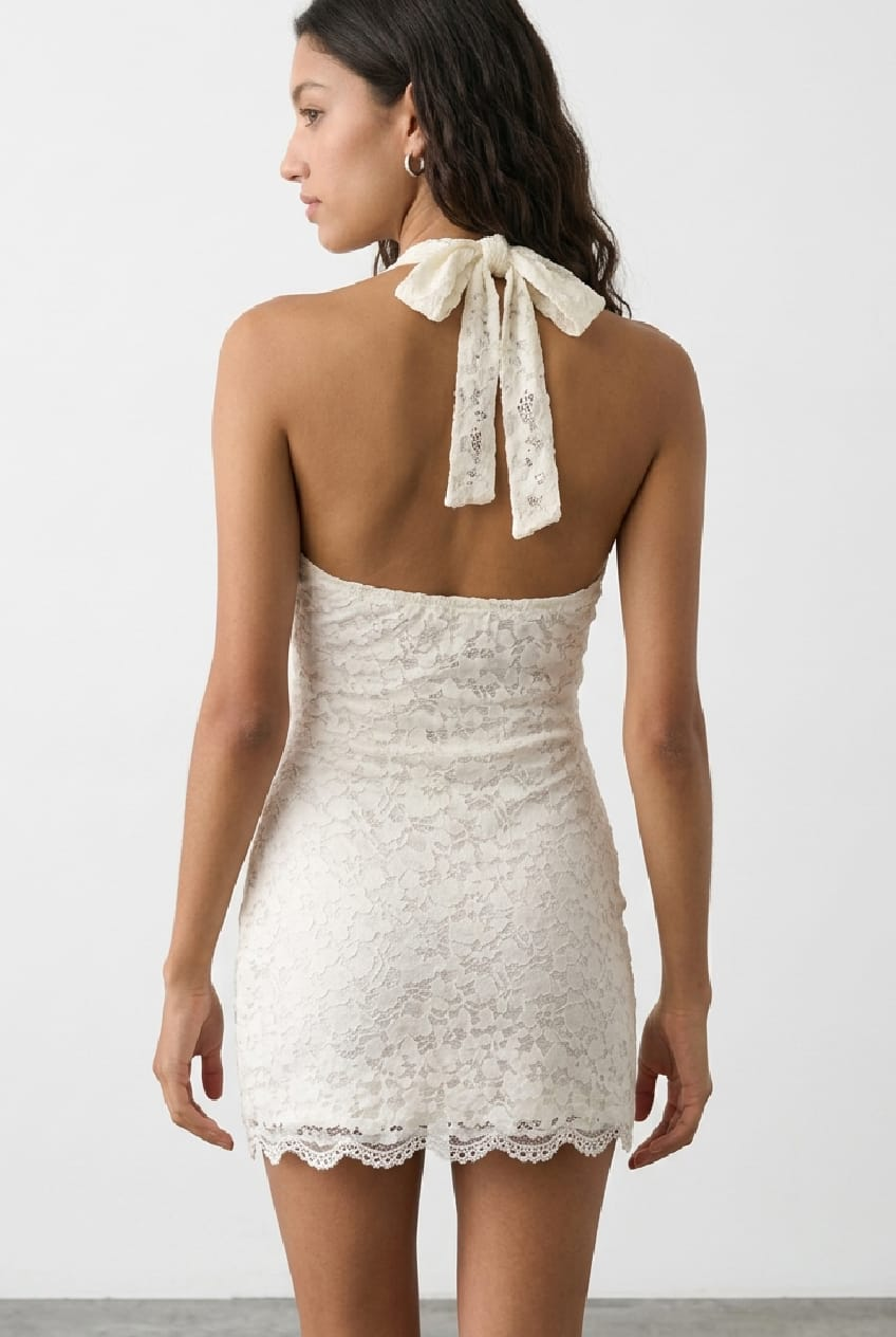 White Halter Neck Dress Mini Lace for Ally Fashion