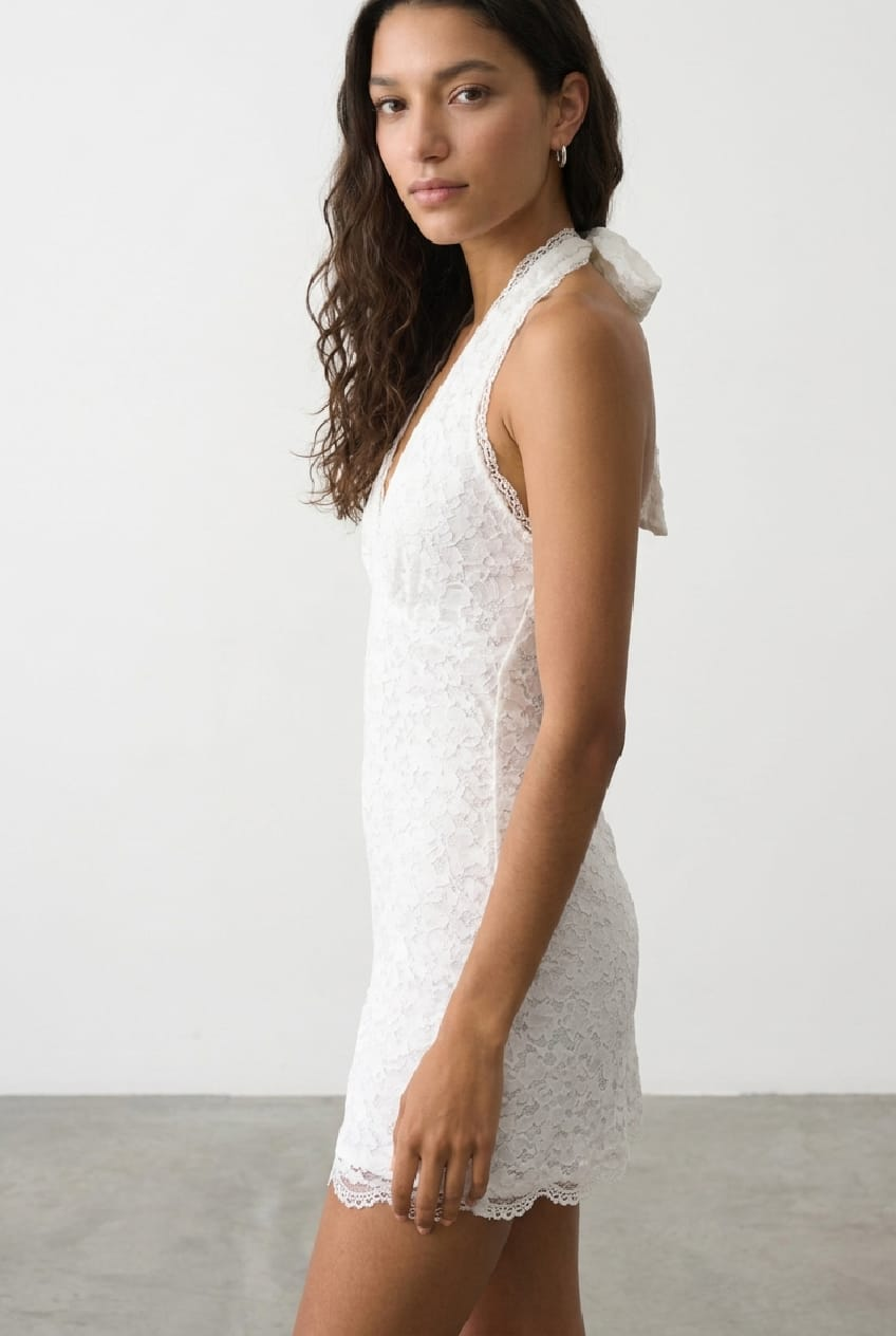 White Halter Neck Dress Mini Lace for Ally Fashion