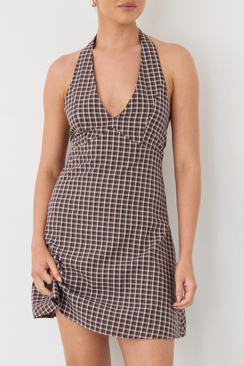 Brown Check Halter Neck Dress Mini for Ally Fashion