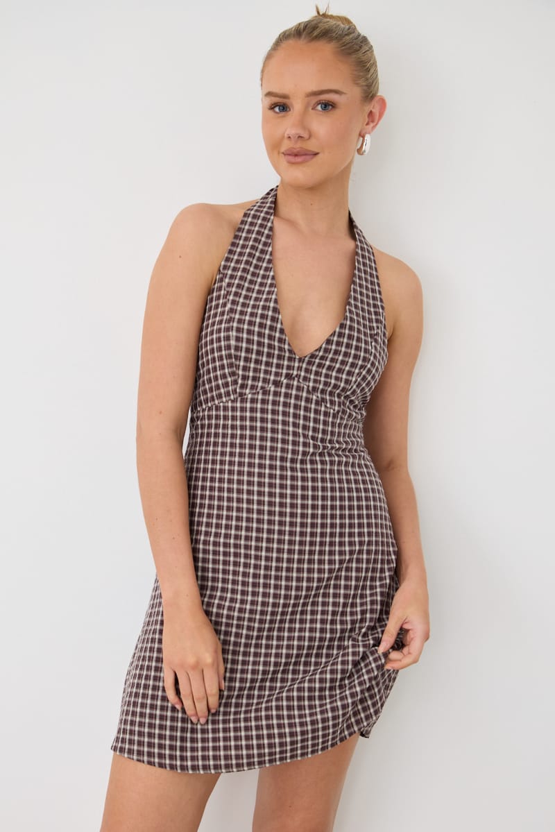 Brown Check Halter Neck Dress Mini for Ally Fashion