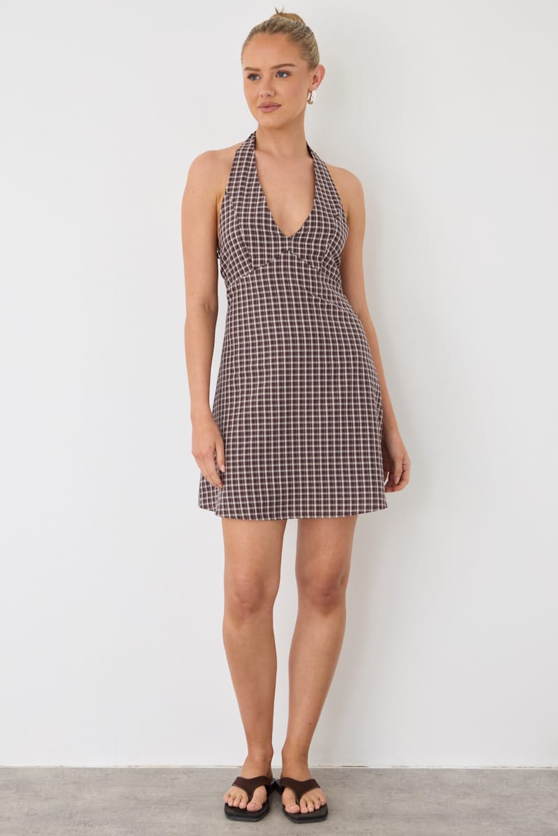 Brown Check Halter Neck Dress Mini for Ally Fashion