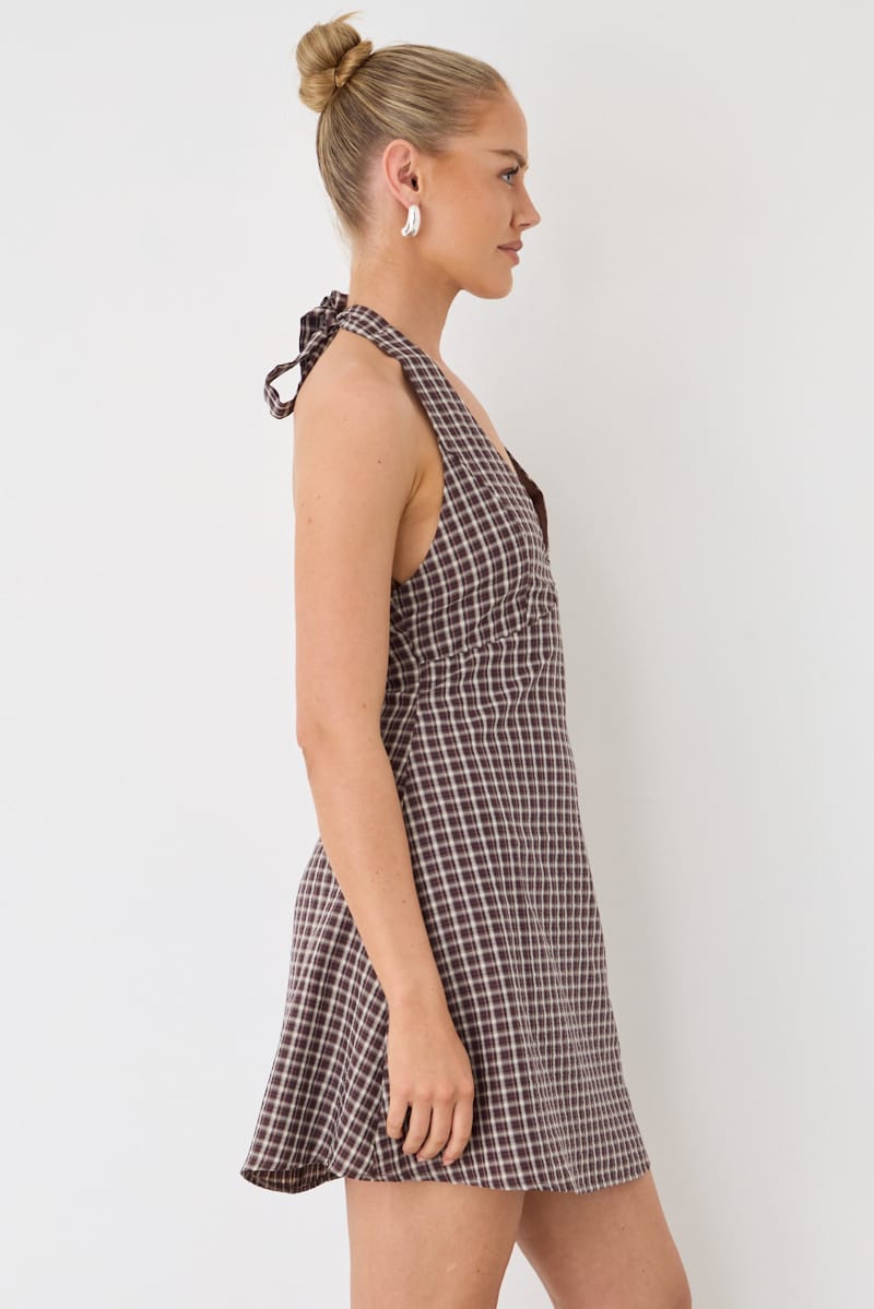 Brown Check Halter Neck Dress Mini for Ally Fashion