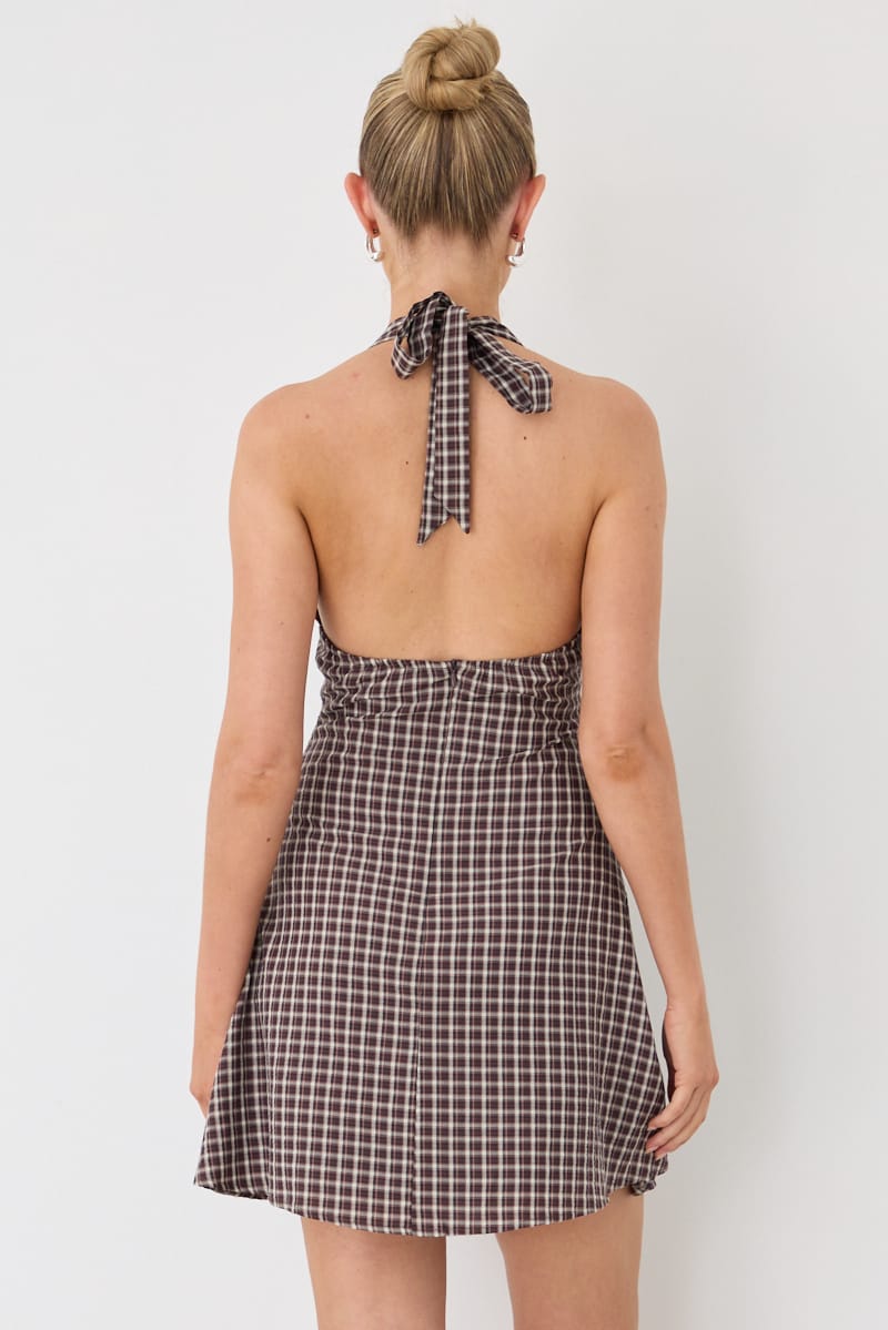 Brown Check Halter Neck Dress Mini for Ally Fashion