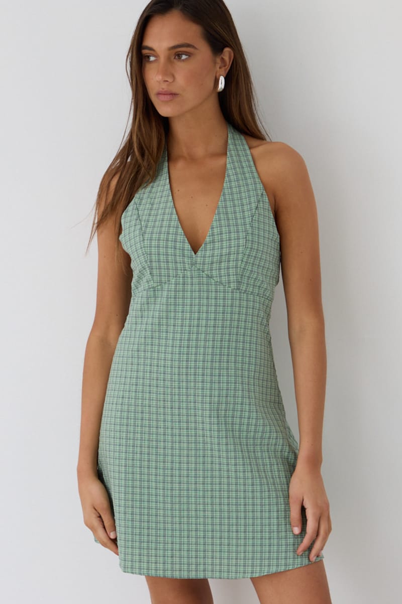 Green Check Halter Neck Dress Mini for Ally Fashion