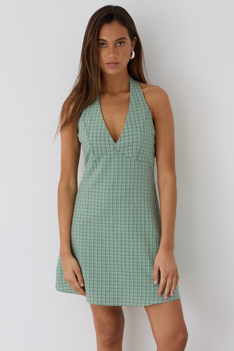 Green Check Halter Neck Dress Mini for Ally Fashion