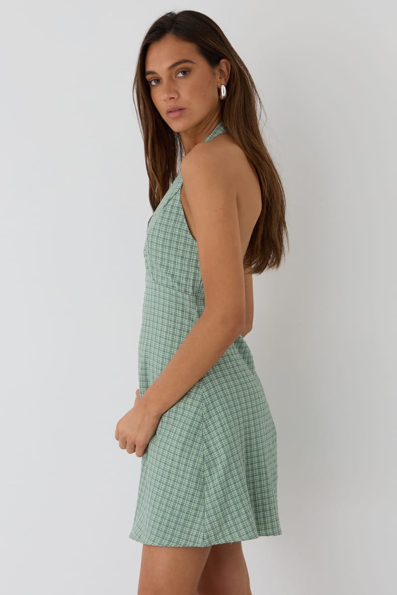 Green Check Halter Neck Dress Mini for Ally Fashion