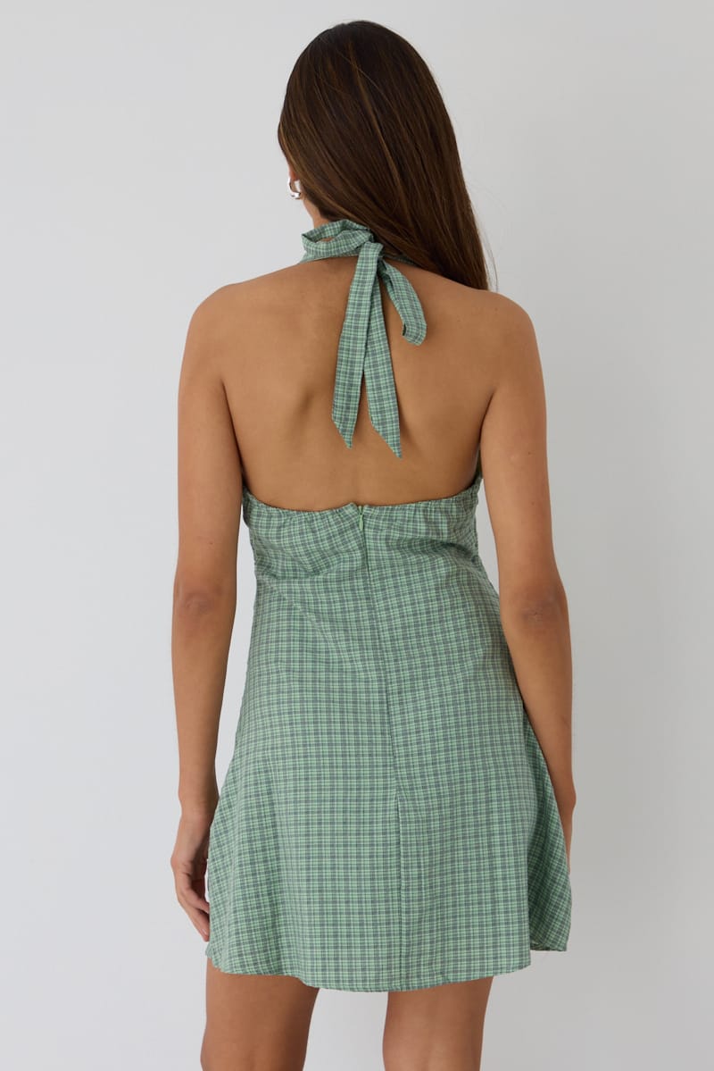 Green Check Halter Neck Dress Mini for Ally Fashion