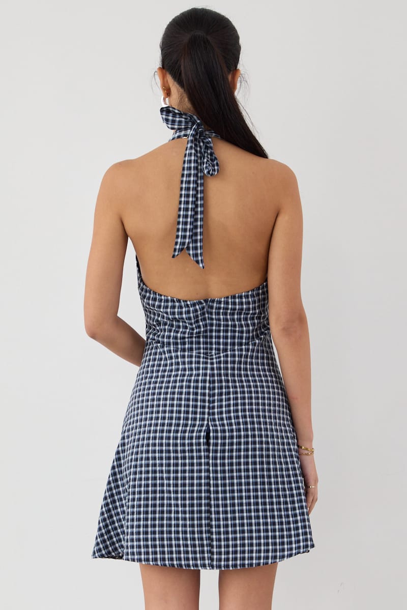 Blue Check Halter Neck Dress Mini for Ally Fashion