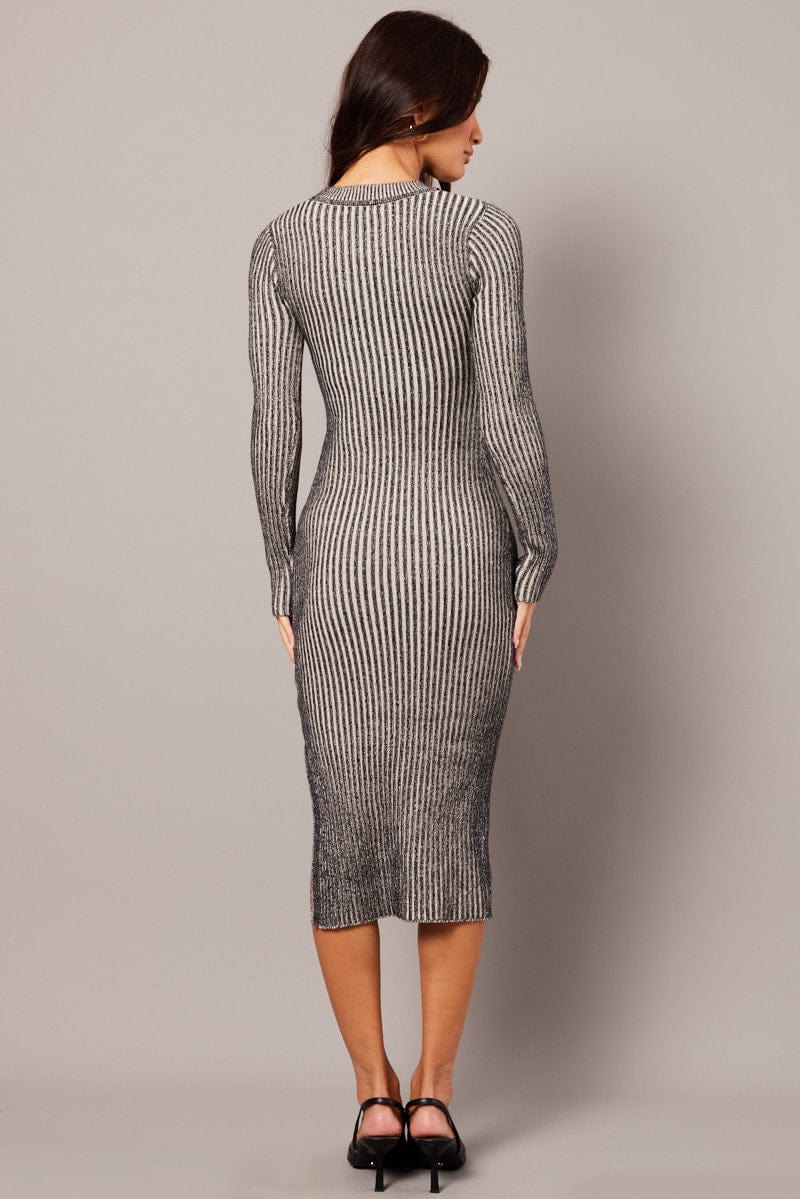 Black Stripe Midi Dress Long Sleeve Round Neck Rib Knitted for Ally Fashion