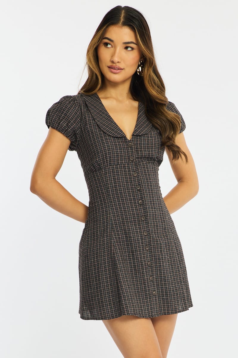 Brown Check Shirts Dress Collared Mini for Ally Fashion