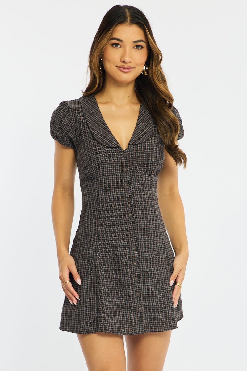 Brown Check Shirts Dress Collared Mini for Ally Fashion