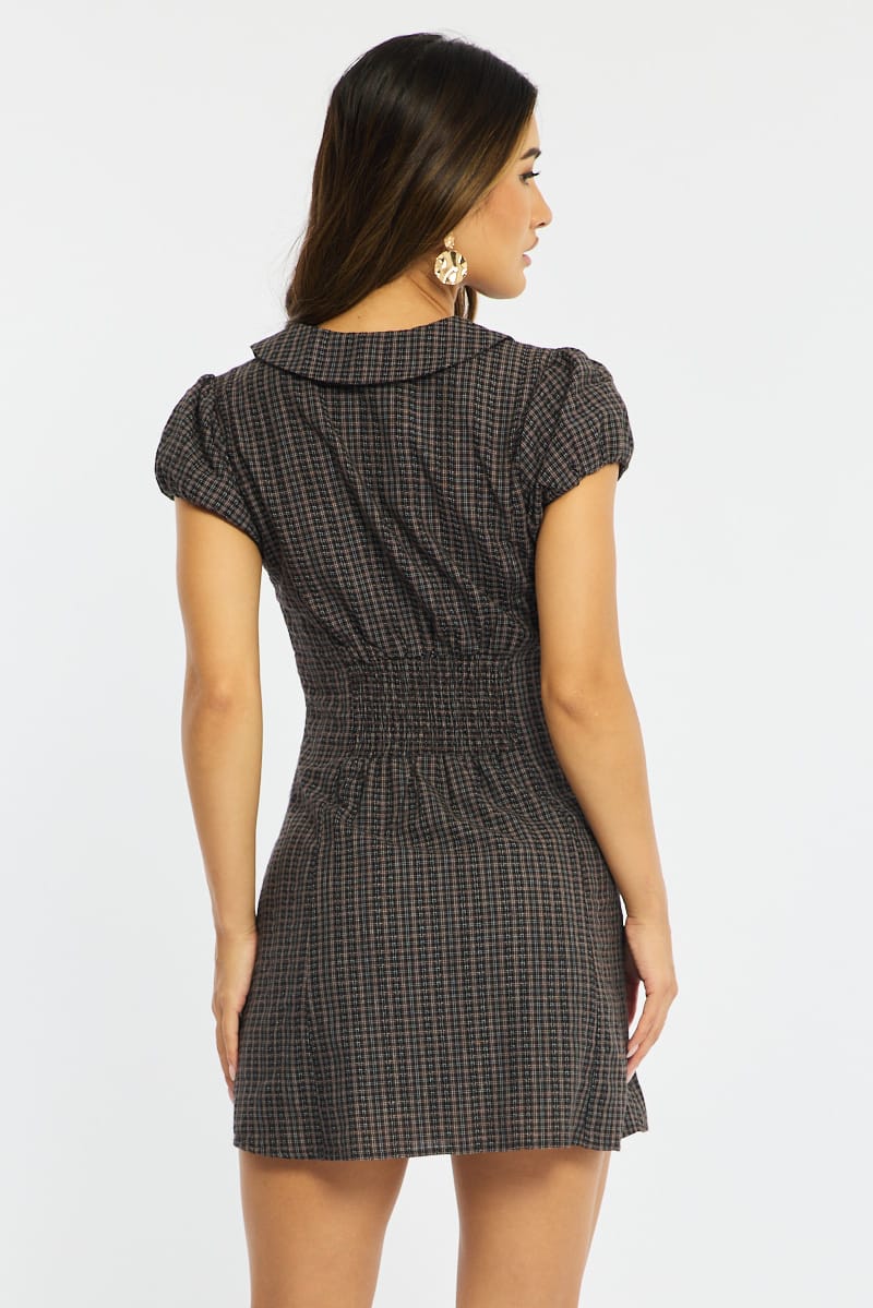 Brown Check Shirts Dress Collared Mini for Ally Fashion