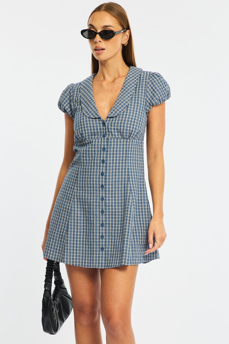 Blue Check Shirts Dress Collared Mini for Ally Fashion