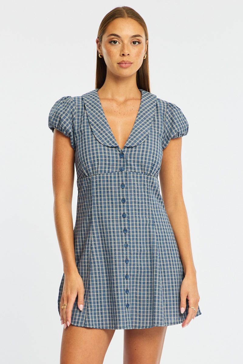 Blue Check Shirts Dress Collared Mini for Ally Fashion