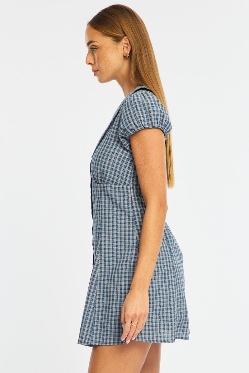 Blue Check Shirts Dress Collared Mini for Ally Fashion