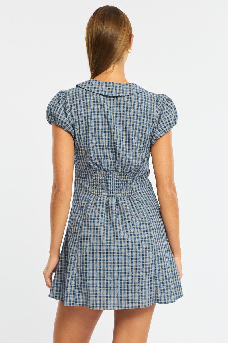 Blue Check Shirts Dress Collared Mini for Ally Fashion