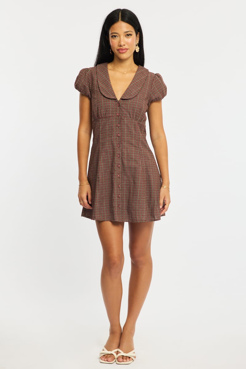 Red Check Shirts Dress Collared Mini for Ally Fashion