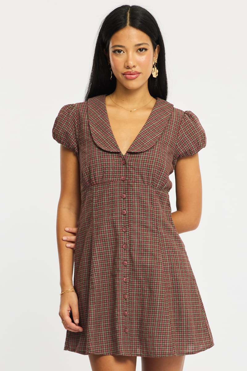 Red Check Shirts Dress Collared Mini for Ally Fashion